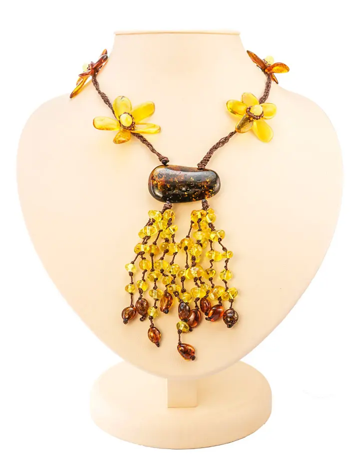 картинка Яркое колье «Галстук с цветами» из натурального балтийского медового, коньячного и лимонного янтаря в онлайн магазине