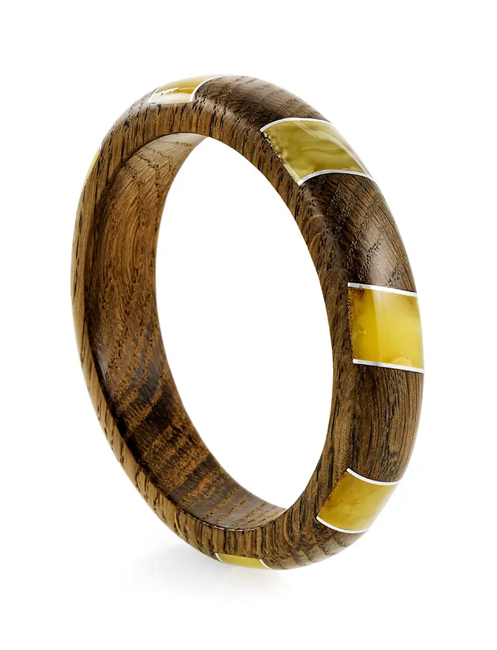 картинка Необычный браслет-бэнгл из дерева, натурального балтийского янтаря «Индонезия» в онлайн магазине