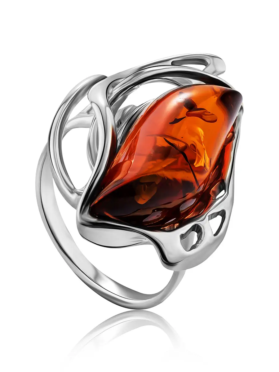 картинка Необычное кольцо «Иллюзия» из серебра и натурального янтаря коньячного цвета в онлайн магазине