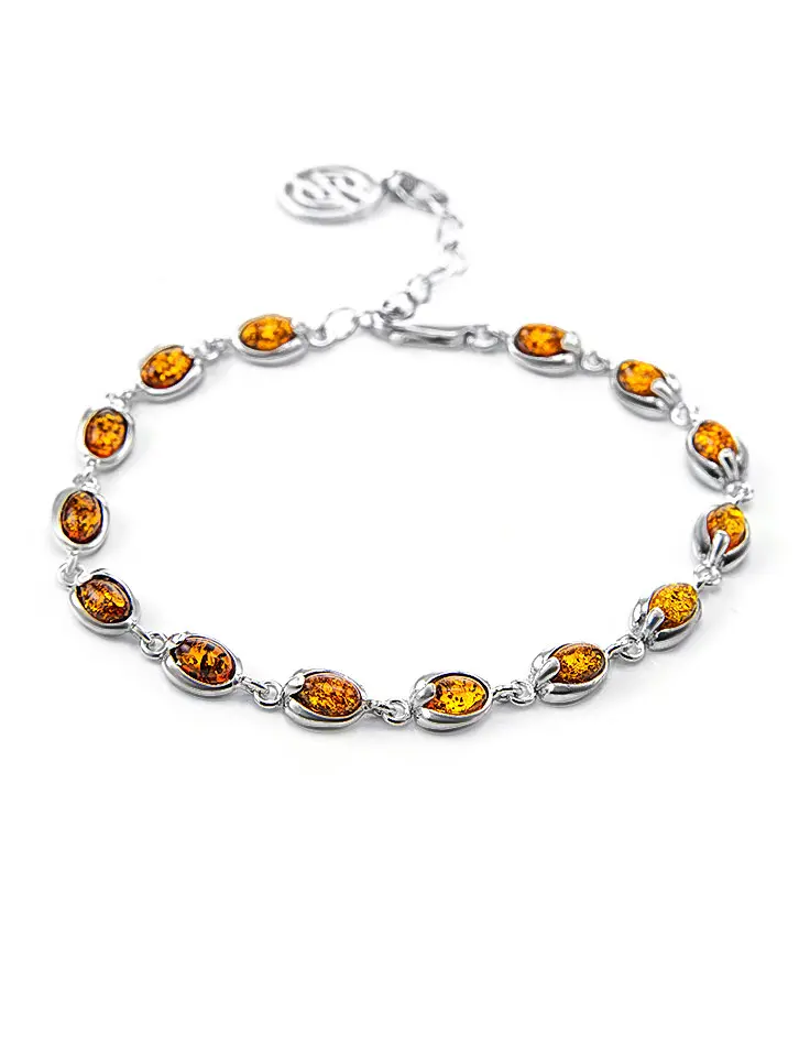 картинка Нежный браслет из серебра и натурального янтаря коньячного цвета «Астрид» в онлайн магазине