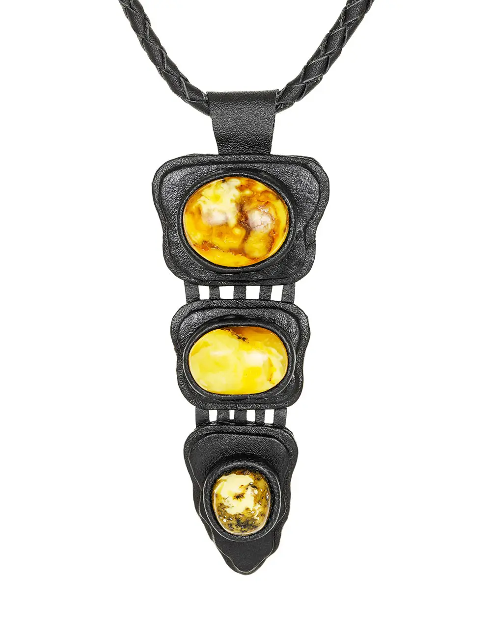 картинка Необычное колье из кожи «Амазонка» с тройной подвеской, украшенной янтарём  в онлайн магазине