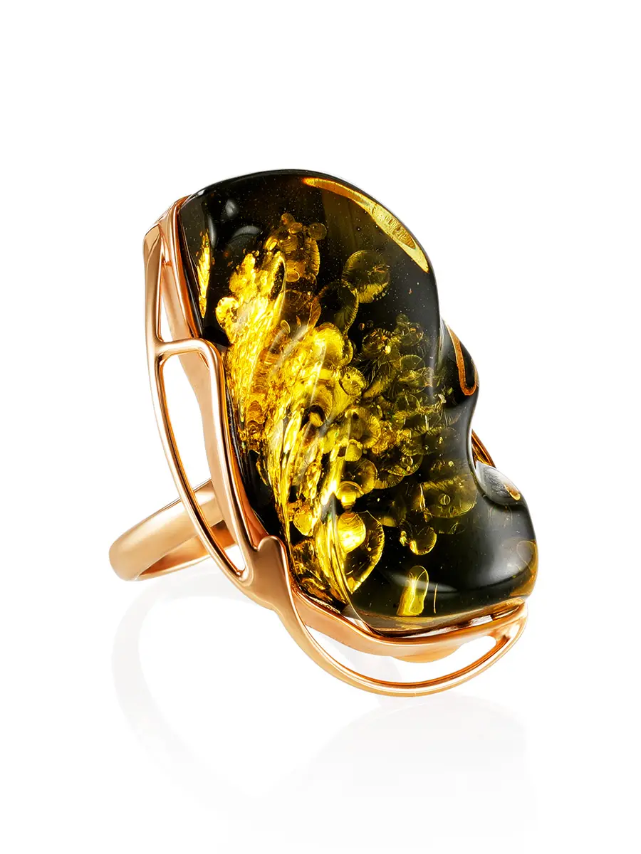 картинка Крупное яркое кольцо из натурального янтаря в золоченном серебре «Риальто» в онлайн магазине
