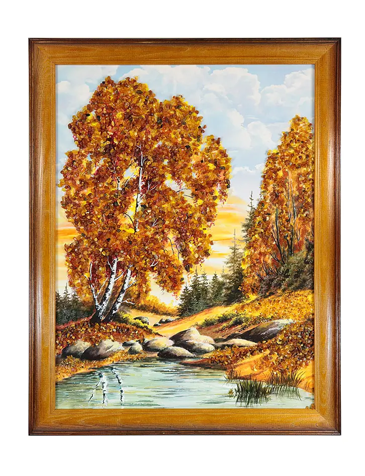 картинка Вертикальное панно с натуральным янтарем «Горный пейзаж» в онлайн магазине