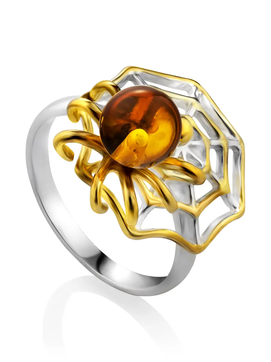 картинка Оригинальное необычное кольцо «Паучок» из серебра и янтаря в онлайн магазине