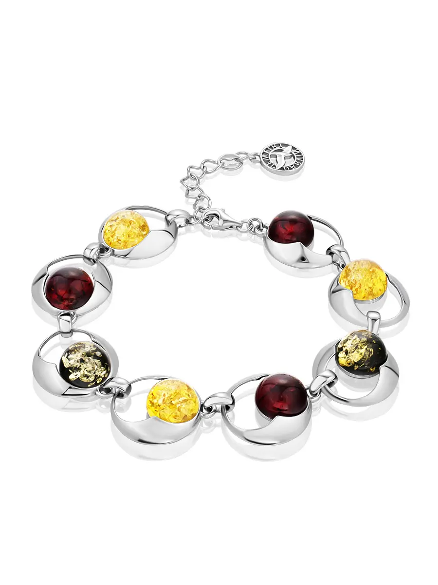 картинка Серебряный браслет на застежке с натуральным янтарем «Орион крупный трехцветный» в онлайн магазине