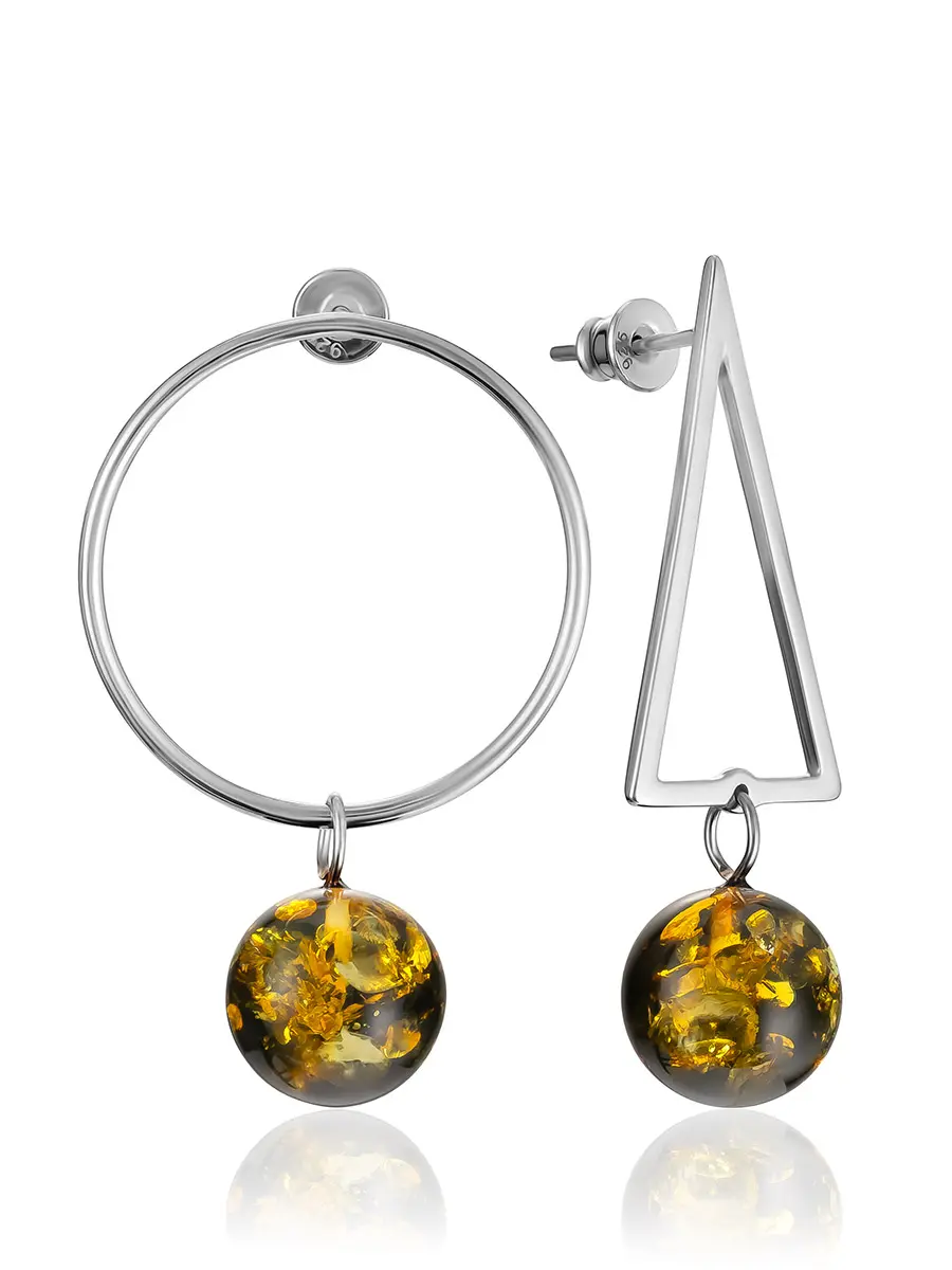 картинка Асимметричные серьги с зелёным янтарём «Лютеция» в онлайн магазине