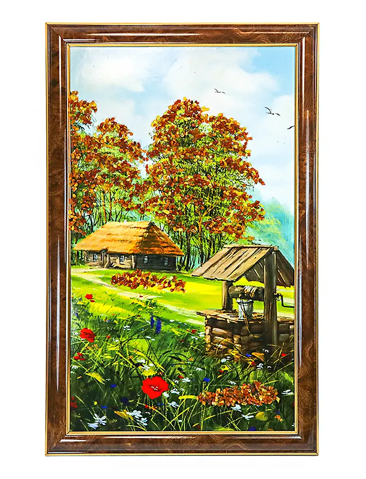 картинка Крупная вертикальная картина с натуральным янтарем «Дворик с колодцем» в онлайн магазине