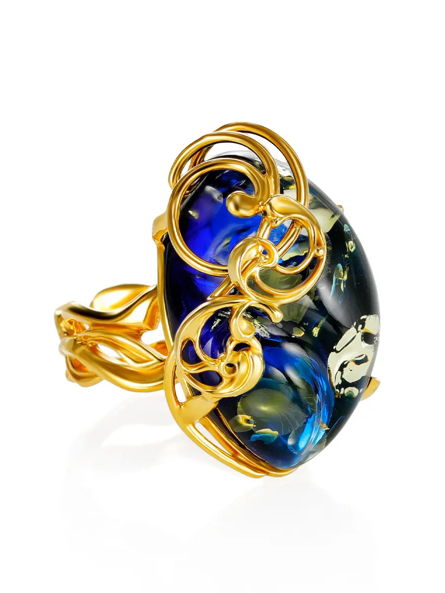 картинка Роскошное кольцо из серебра с золочением и синего янтаря «Версаль» в онлайн магазине