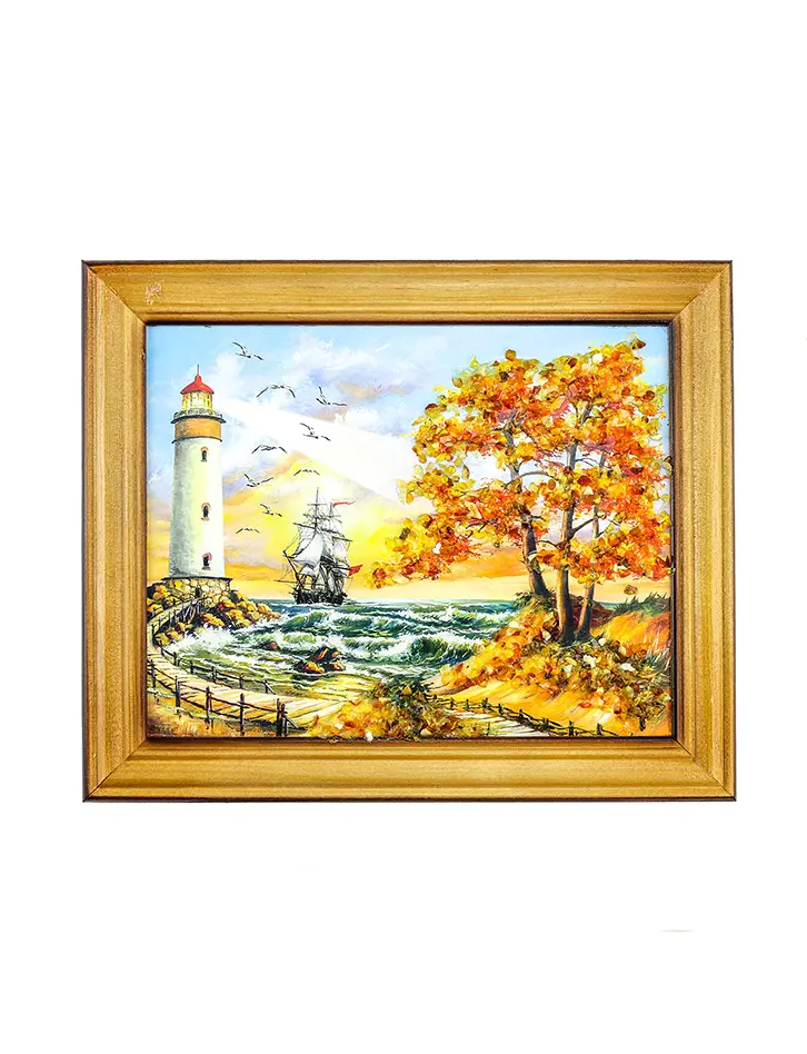 картинка Маленькая картина с натуральным янтарем «У белого маяка» в онлайн магазине