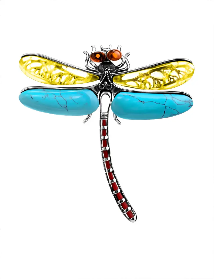 картинка Яркий кулон «Стрекоза» из натурального янтаря и бирюзы в онлайн магазине