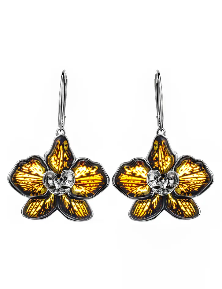картинка Потрясающие серебряные серьги с натуральным янтарём «Орхидея» в онлайн магазине