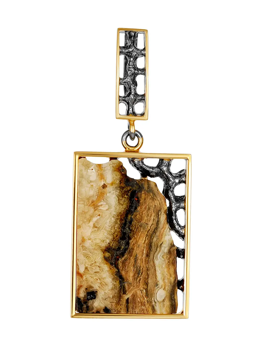 картинка Уникальная позолоченная подвеска украшенная натуральным текстурным янтарём «Модерн» в онлайн магазине