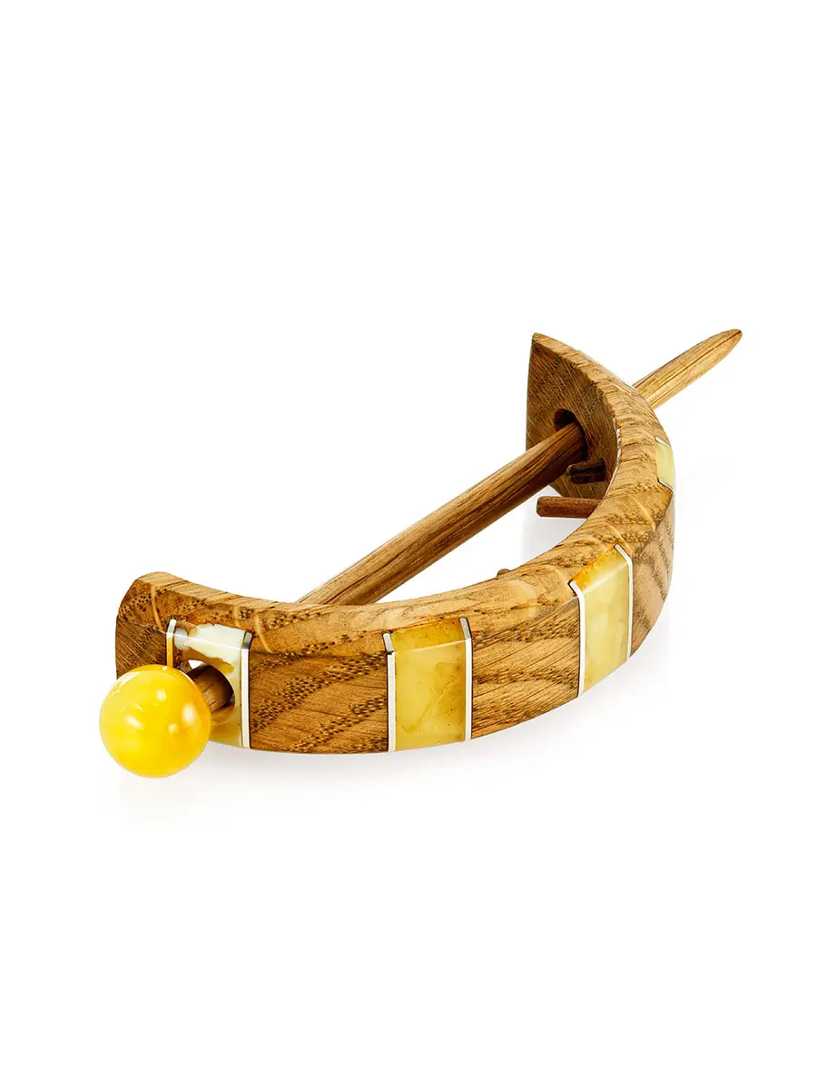 картинка Заколка для волос из дерева и натурального янтаря в онлайн магазине