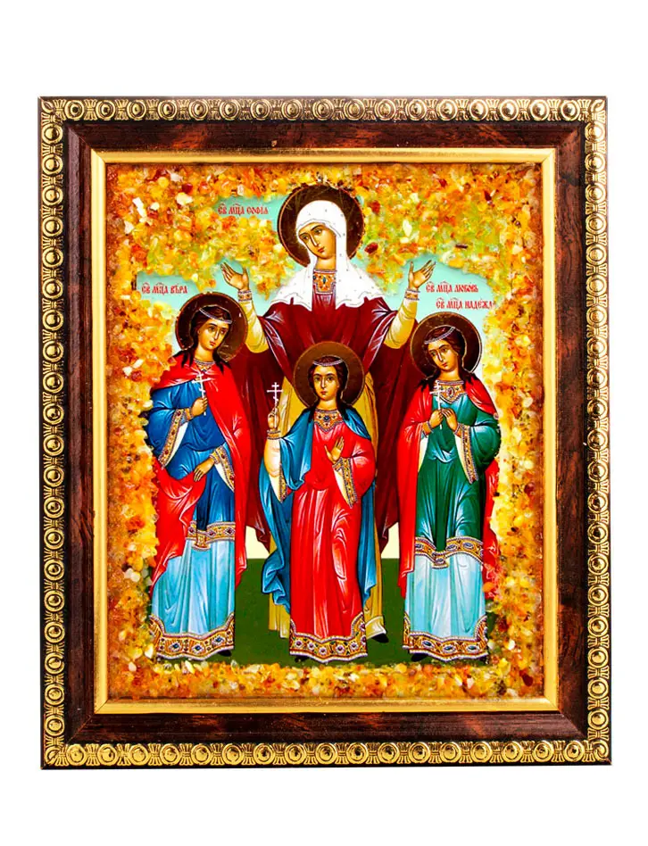 картинка Украшенная натуральным янтарём икона «Святые великомученицы Вера, Надежда, Любовь и мать их София» в онлайн магазине