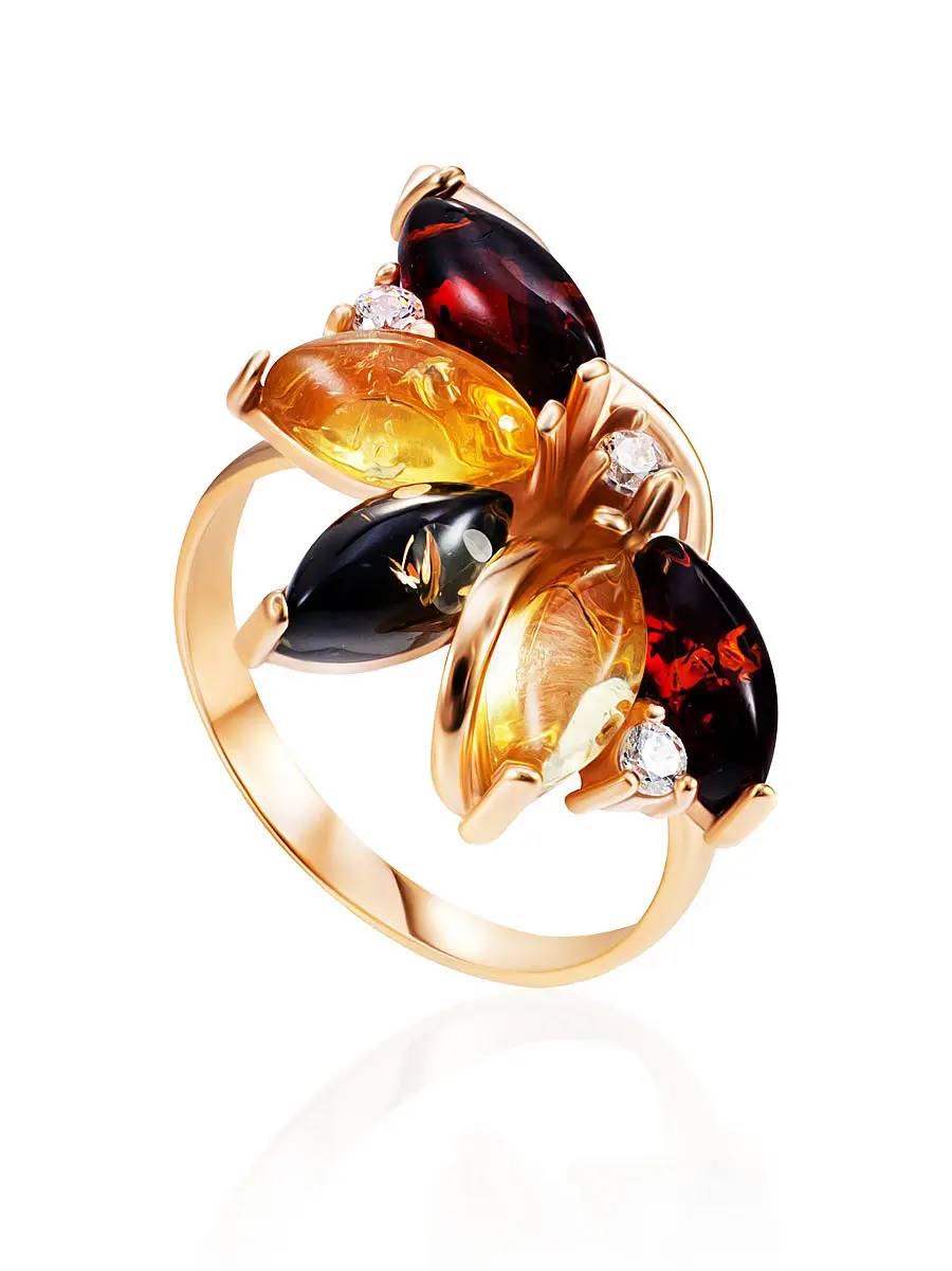картинка Нарядное кольцо «Лотос» с янтарём разных цветов и кристаллами в онлайн магазине