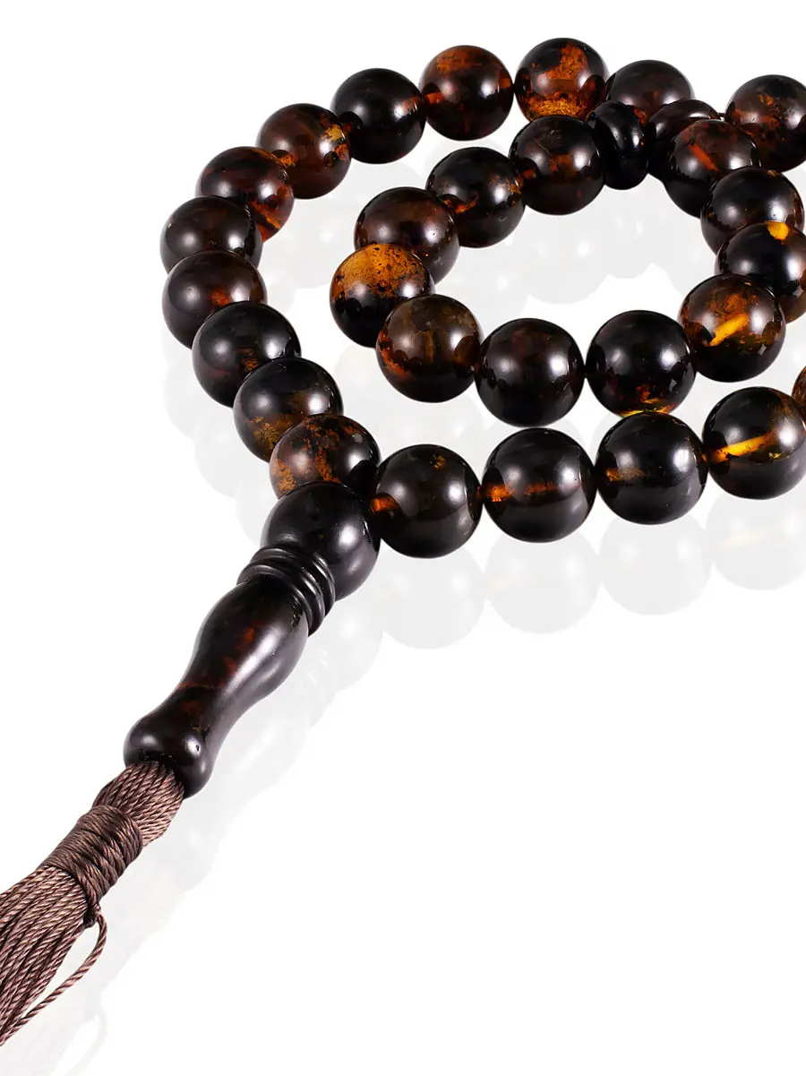 картинка Мусульманские чётки на 33 бусины из натурального формованного янтаря «Шар тёмный» в онлайн магазине