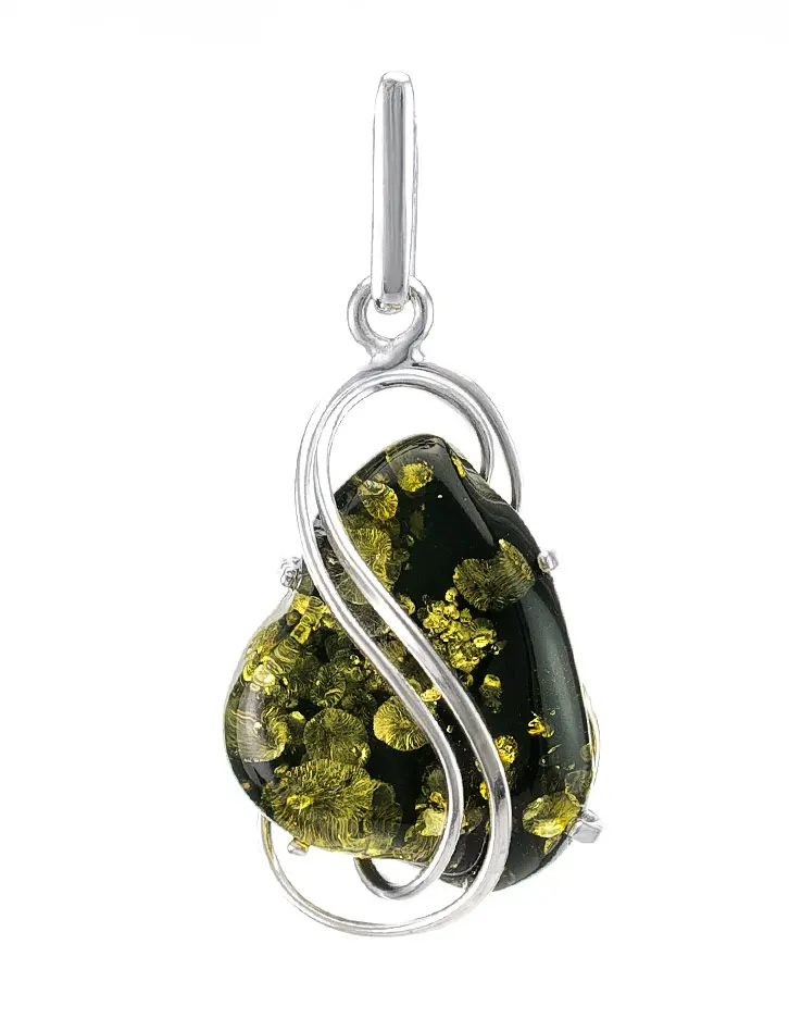 картинка Кулон из натурального зеленого янтаря с красивой искрящейся текстурой в серебре «Риальто» в онлайн магазине