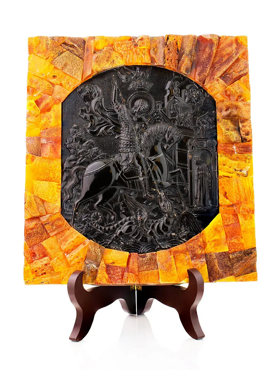 картинка Объёмная резная икона из натурального балтийского янтаря «Георгий Победоносец» в онлайн магазине