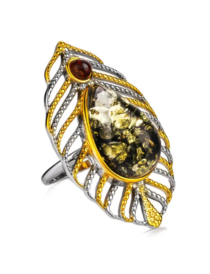 картинка Эффектное кольцо «Павлин» из зелёного янтаря в онлайн магазине