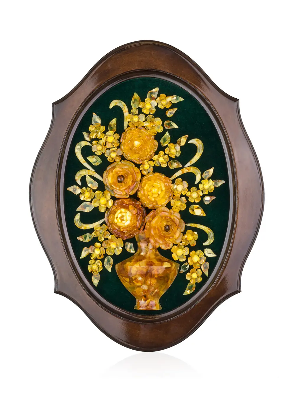 картинка Панно из натурального янтаря на тёмно-зелёном бархате среднего размера «Осенний букет» 42 х 32 см в онлайн магазине