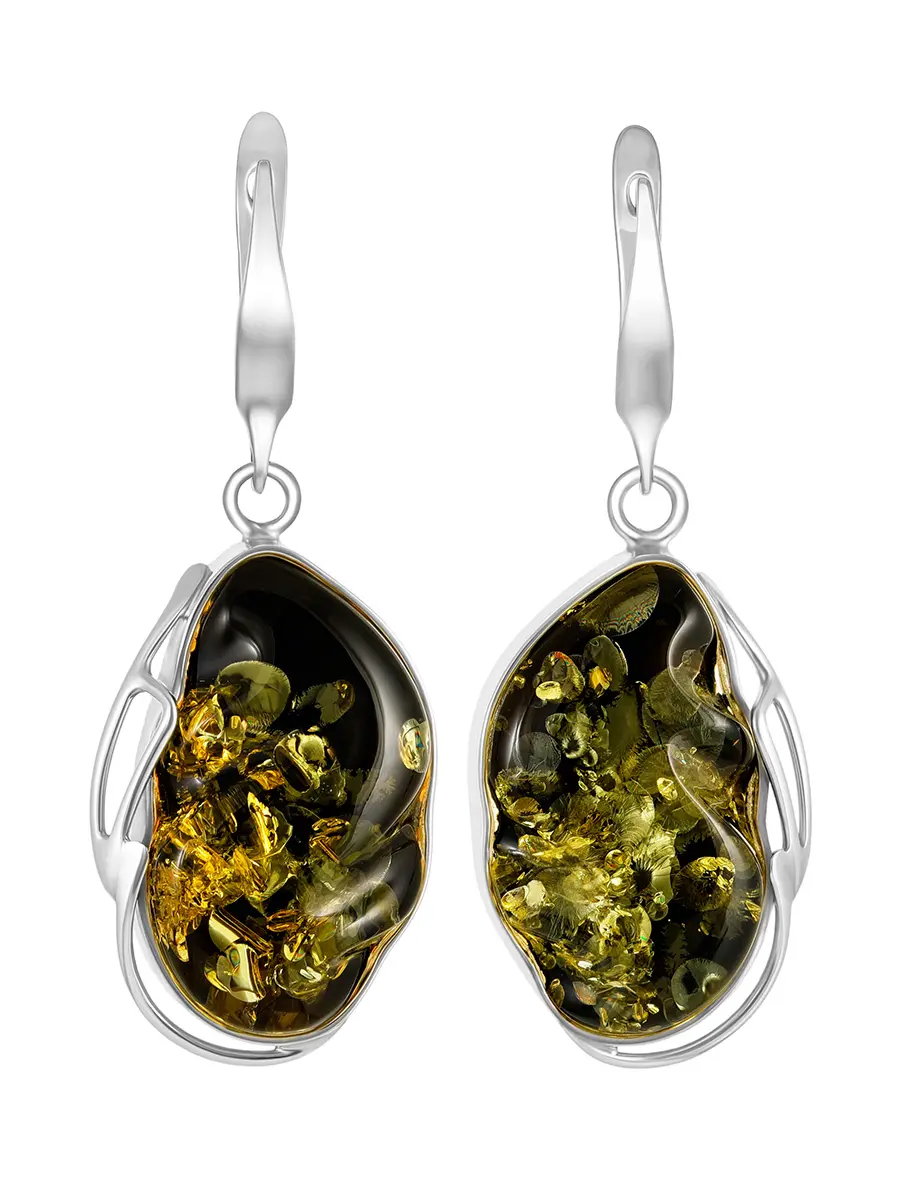 картинка Нарядные серьги с искрящимся зеленым янтарем необычной формы «Риальто» в онлайн магазине