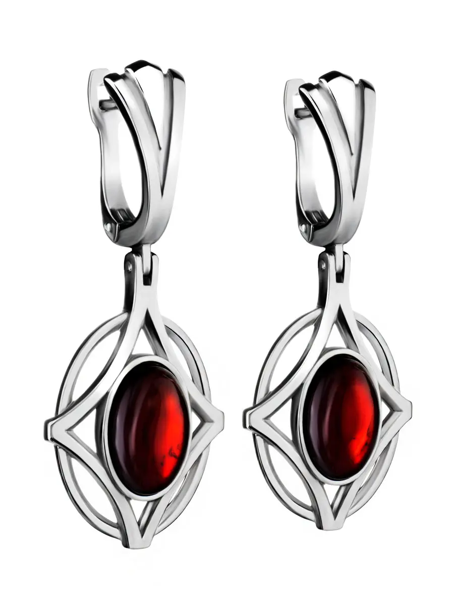 картинка Яркие эффектные серьги из серебра и янтаря вишнёвого цвета «Буссоль» в онлайн магазине