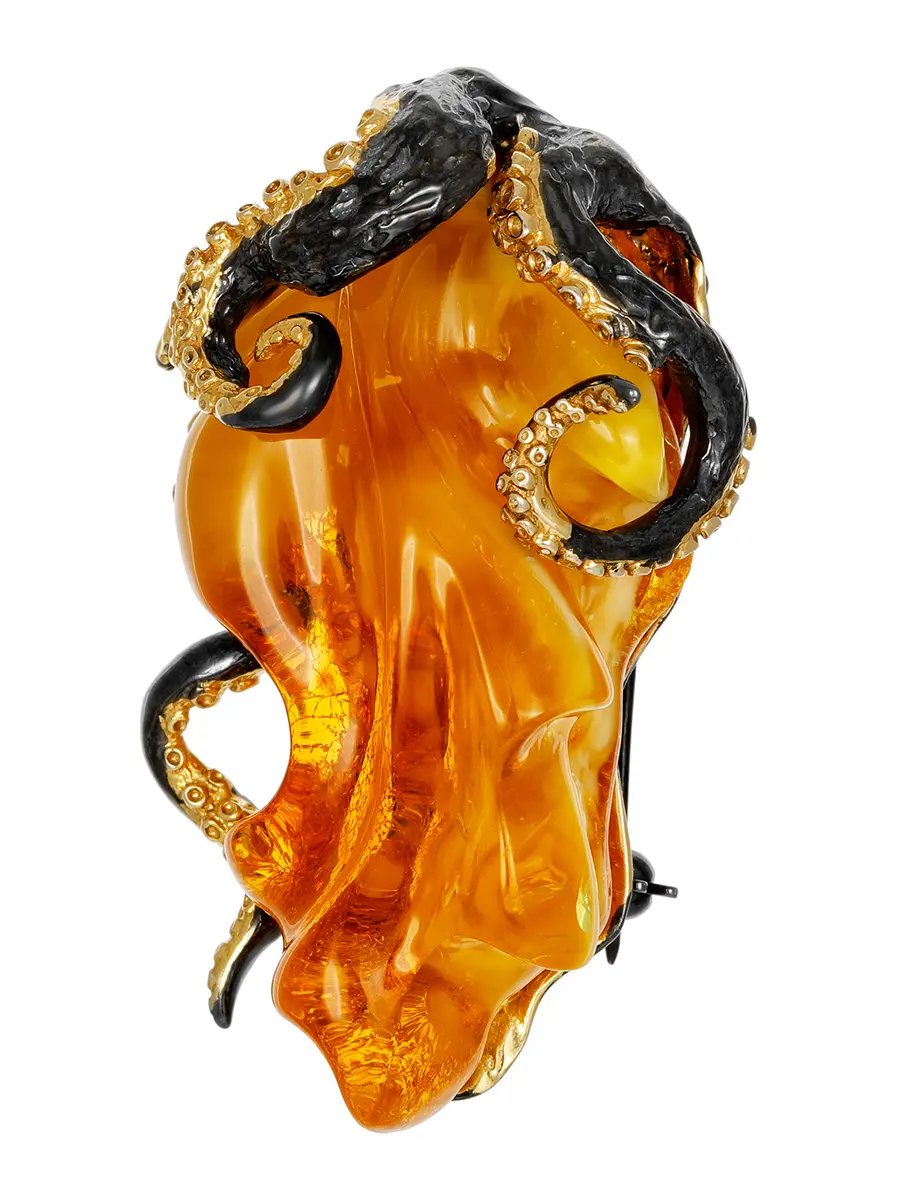 картинка Роскошная объёмная брошь-кулон «Версаль» из натурального янтаря в серебре с позолотой в онлайн магазине