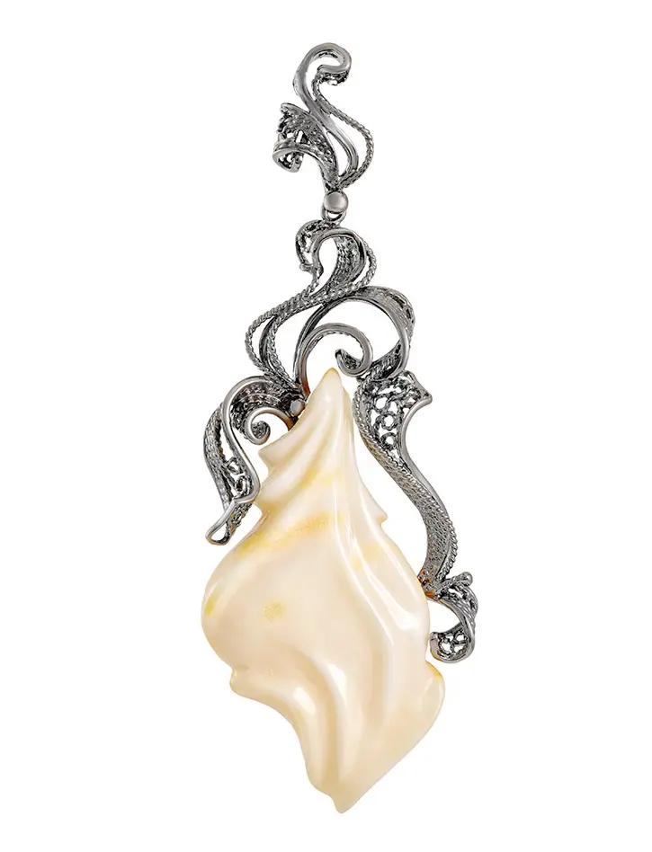 картинка Подвеска из натурального цельного янтаря белого цвета и серебра «Филигрань» в онлайн магазине
