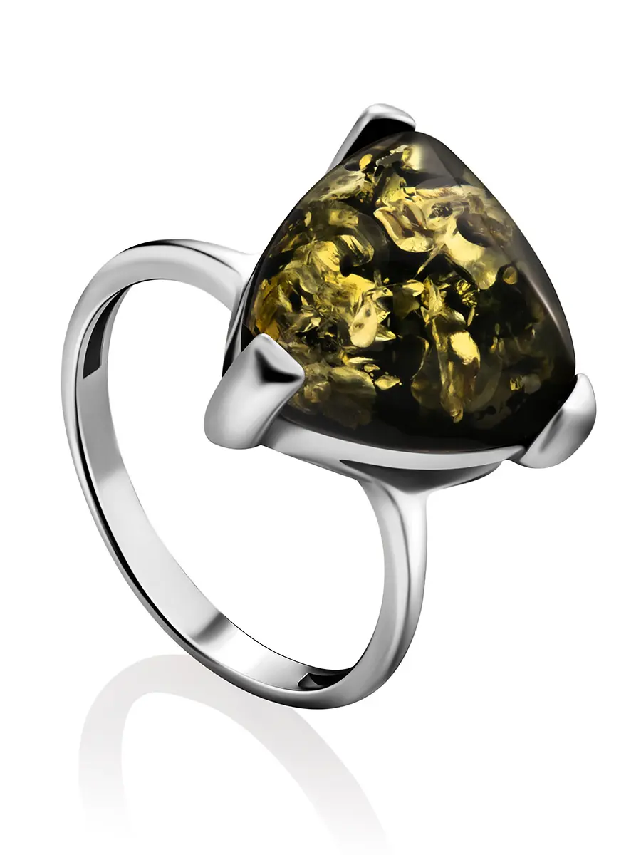 картинка Изящное серебряное кольцо с натуральным янтарем зелёного цвета «Треугольник» в онлайн магазине