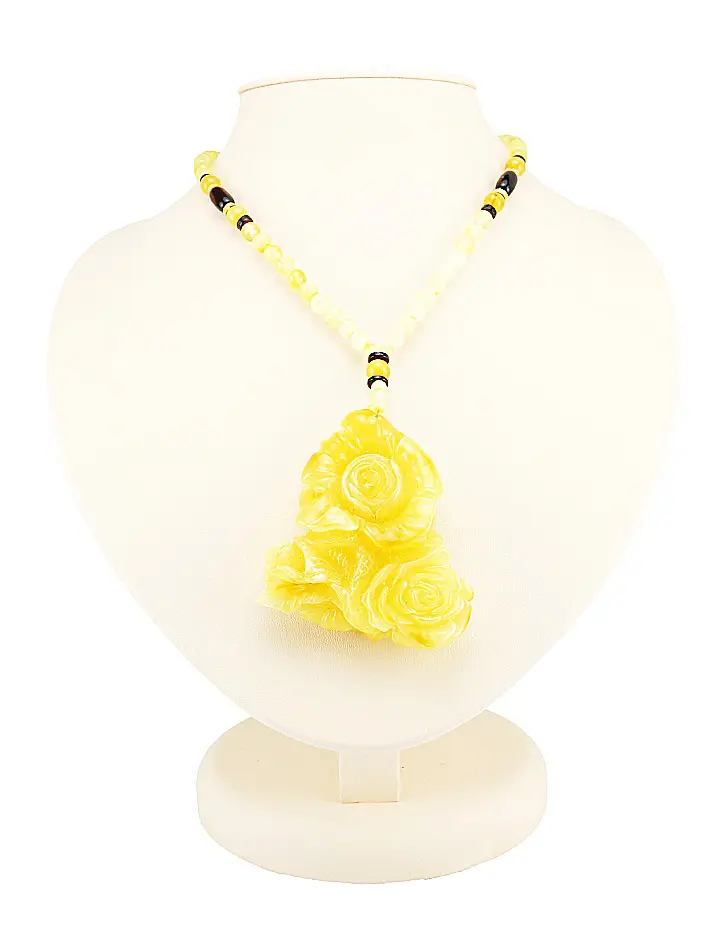 картинка Полупрозрачные лимонные бусы из янтаря с крупной роскошной янтарной подвеской «Розы медовые» в онлайн магазине