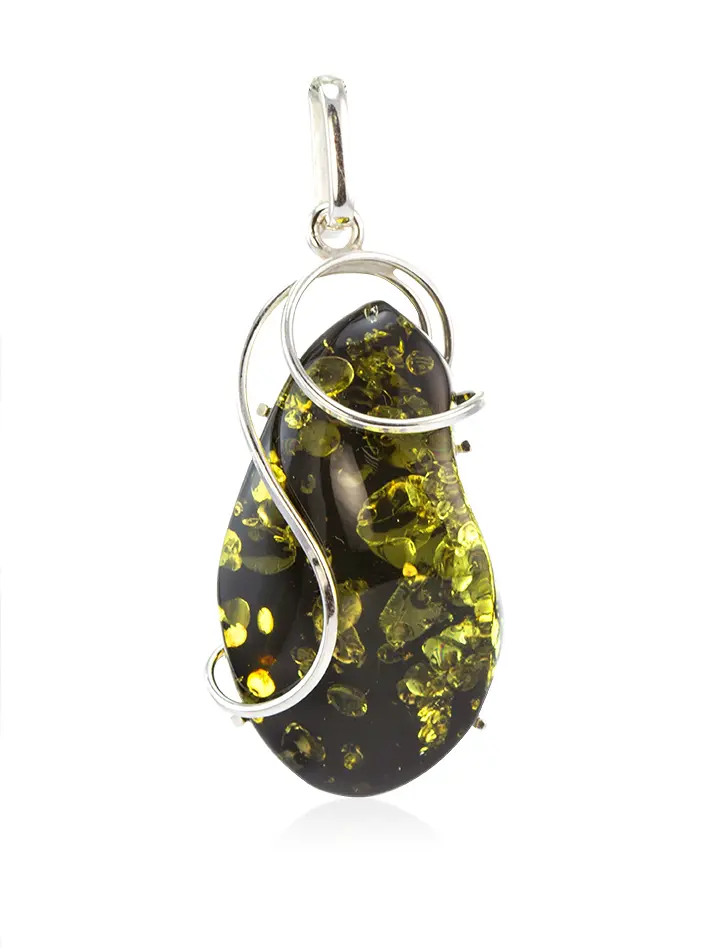 картинка Подвеска из серебра «Риальто» со вставкой зелёного янтаря в форме капельки в онлайн магазине