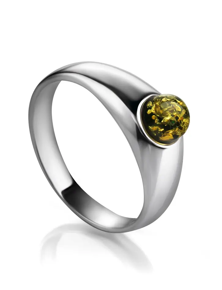 картинка Тонкое серебряное кольцо с небольшой вставкой из зелёного янтаря «Капри» в онлайн магазине