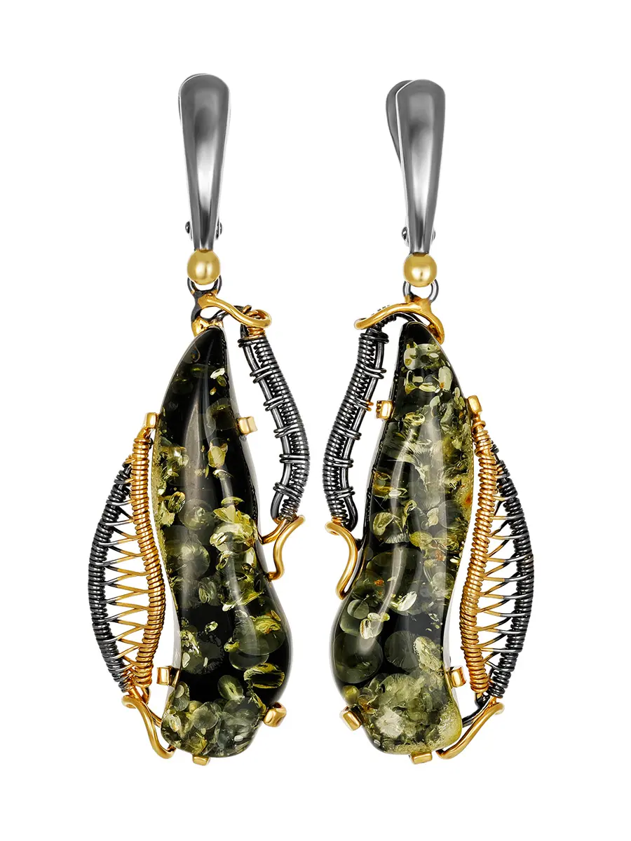 картинка Удлинённые серьги «Филигрань» с натуральным янтарём в позолоченном серебре в онлайн магазине