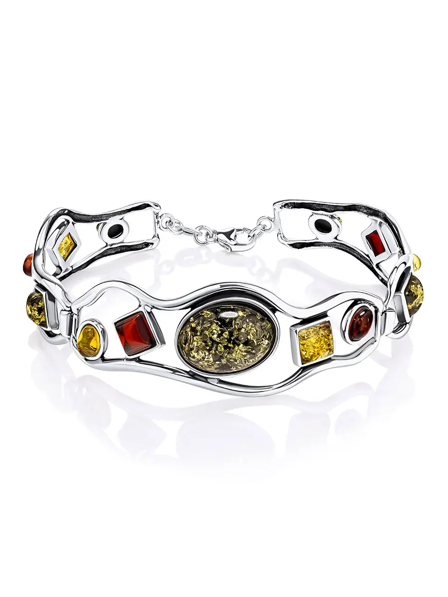 картинка Яркий эффектный браслет из серебра и янтаря разных оттенков «Саламандра» в онлайн магазине