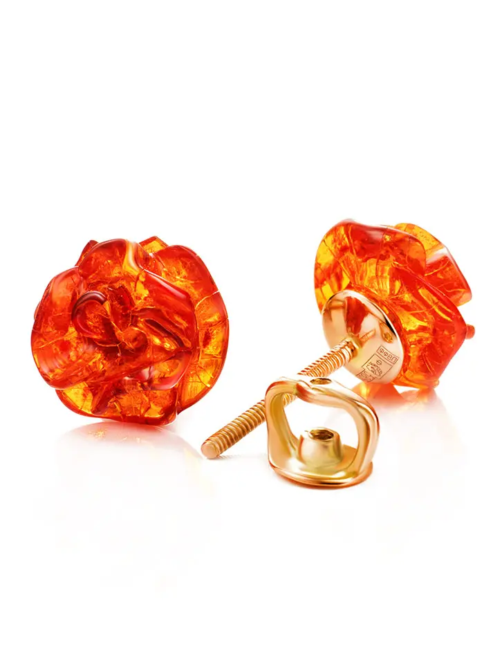 картинка Изящные серьги-гвоздики из золота и натурального янтаря «Розочки» в онлайн магазине