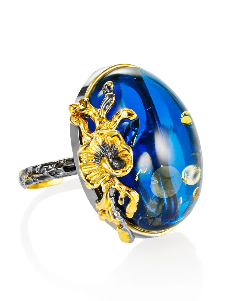 картинка Потрясающее кольцо с переливающимся голубым янтарём «Версаль» в онлайн магазине