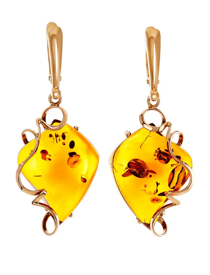 картинка Эксклюзивные золотые серьги «Риальто» с цельным золотистым янтарём в онлайн магазине