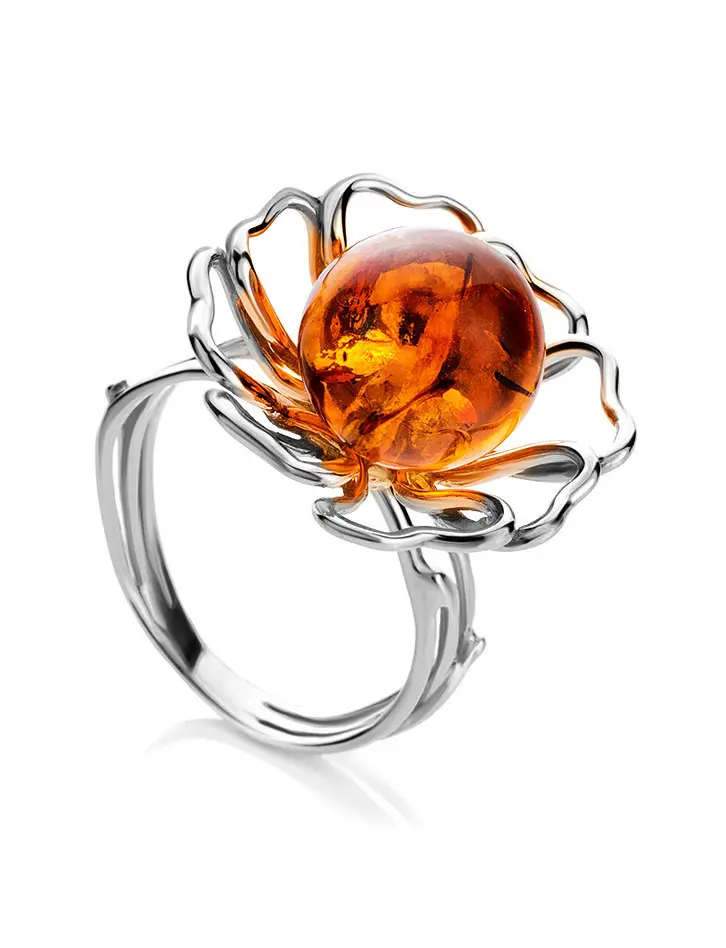 картинка Яркое кольцо из натурального янтаря коньячного цвета «Ромашка» в онлайн магазине