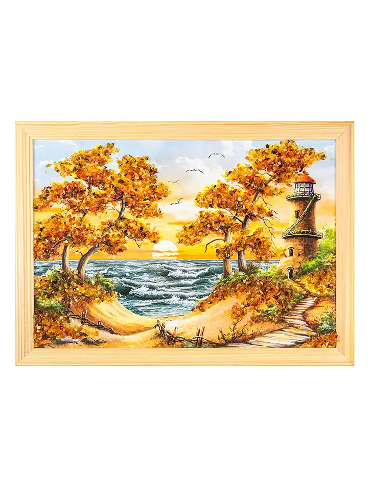 картинка Картина, украшенная россыпью балтийского янтаря «Сосны на берегу моря» 23 (В) х 32 (Ш)  в онлайн магазине