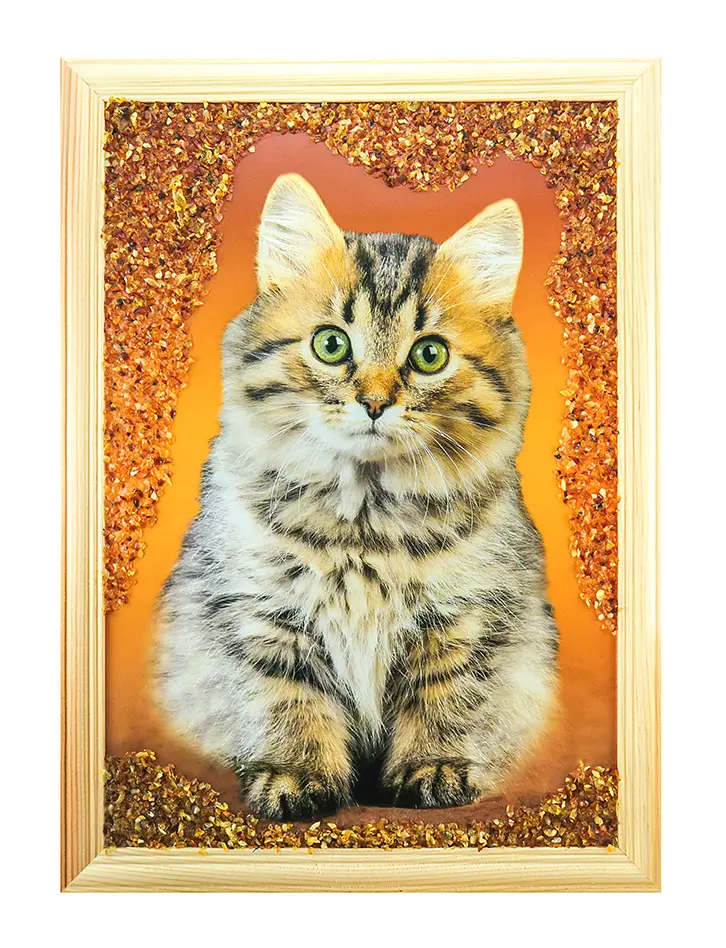 картинка Вертикальная картина «Котёнок», украшенная янтарём  в онлайн магазине