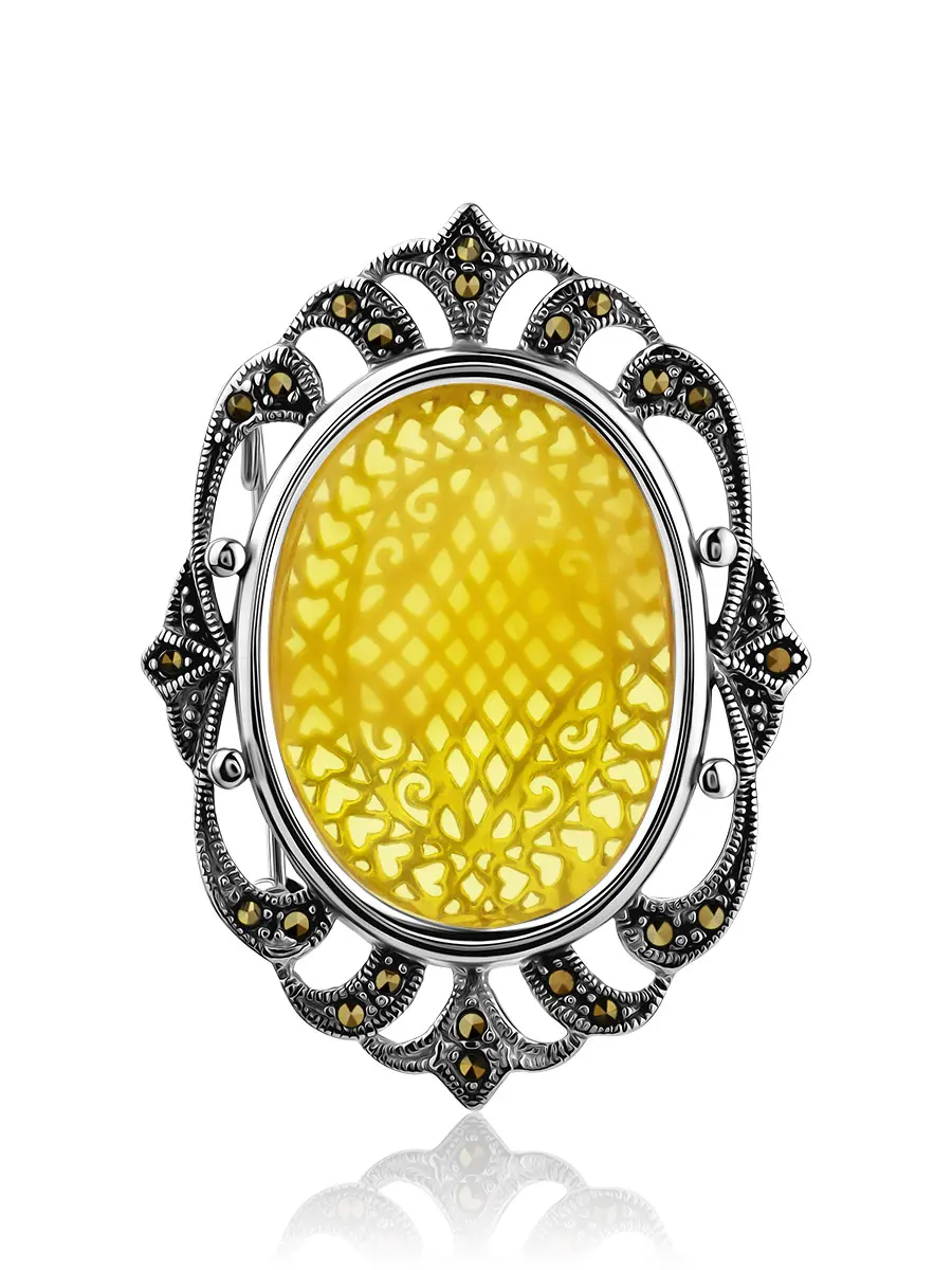 картинка Элегантная ажурная брошь в винтажном дизайне «Эйфория» из серебра и янтаря в онлайн магазине