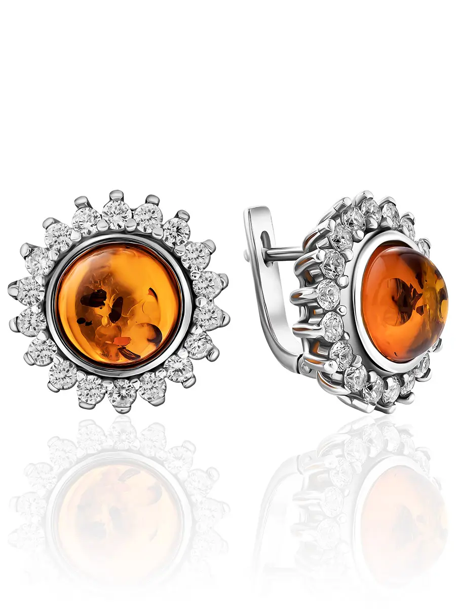 картинка Круглые нарядные серьги из серебра с янтарём и кристаллами «Ренессанс» в онлайн магазине