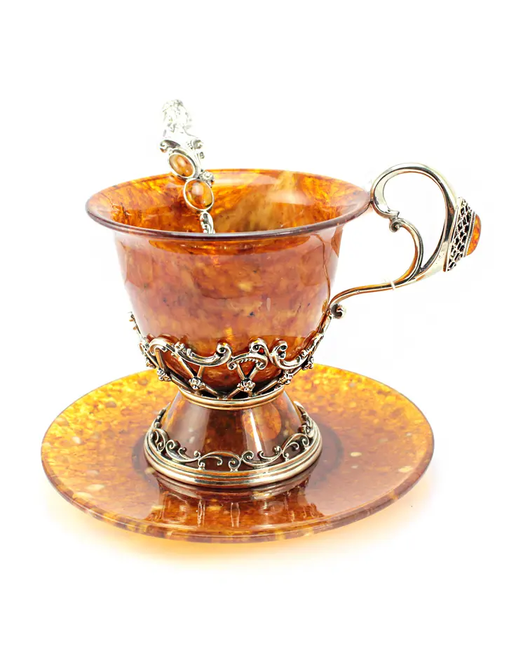 картинка Чайный набор из натурального янтаря и серебра 875 пробы «Екатерина» на 1 персону в онлайн магазине