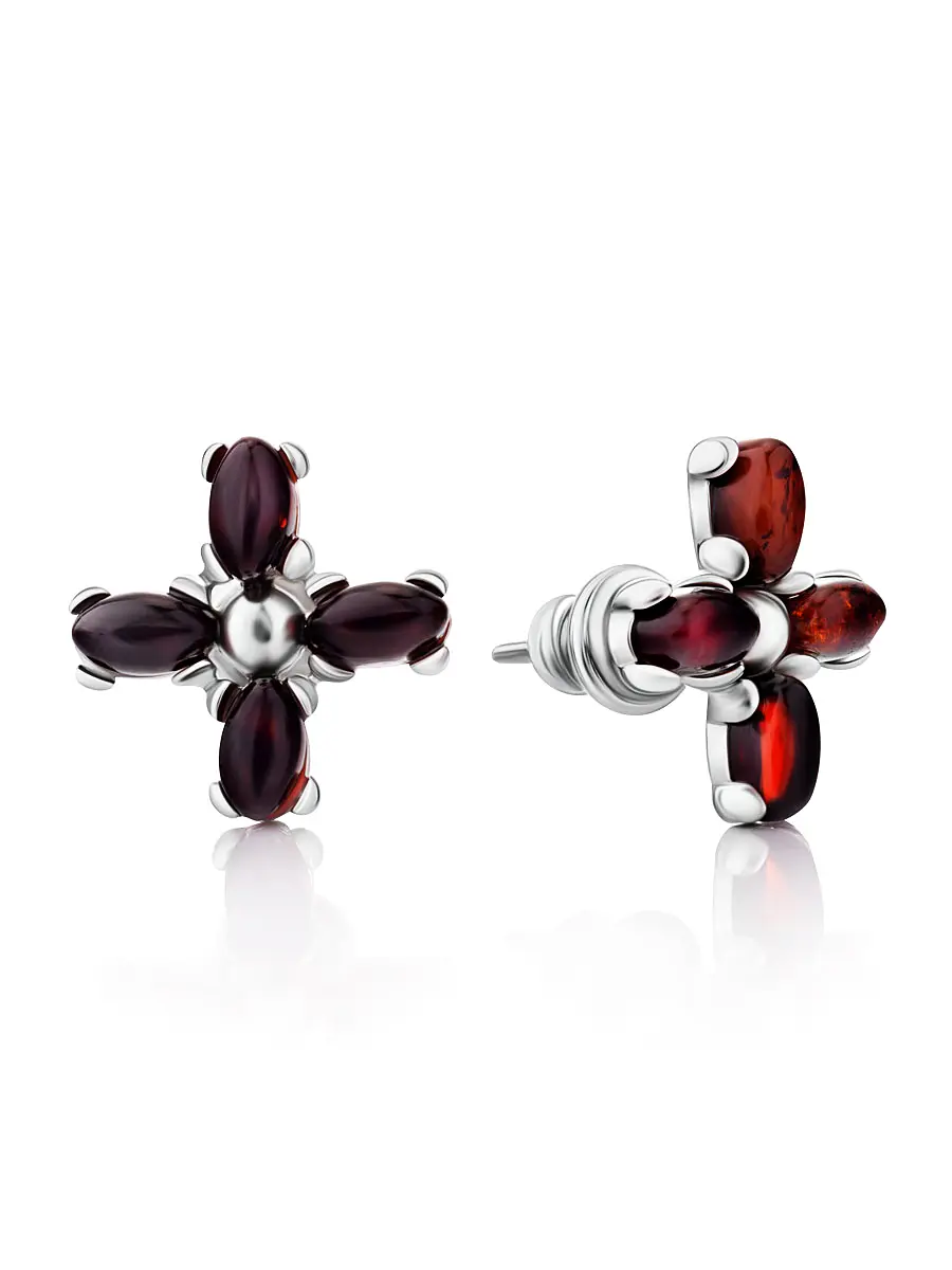 картинка Лёгкие стильные серьги из серебра и вишнёвого янтаря «Суприм» в онлайн магазине