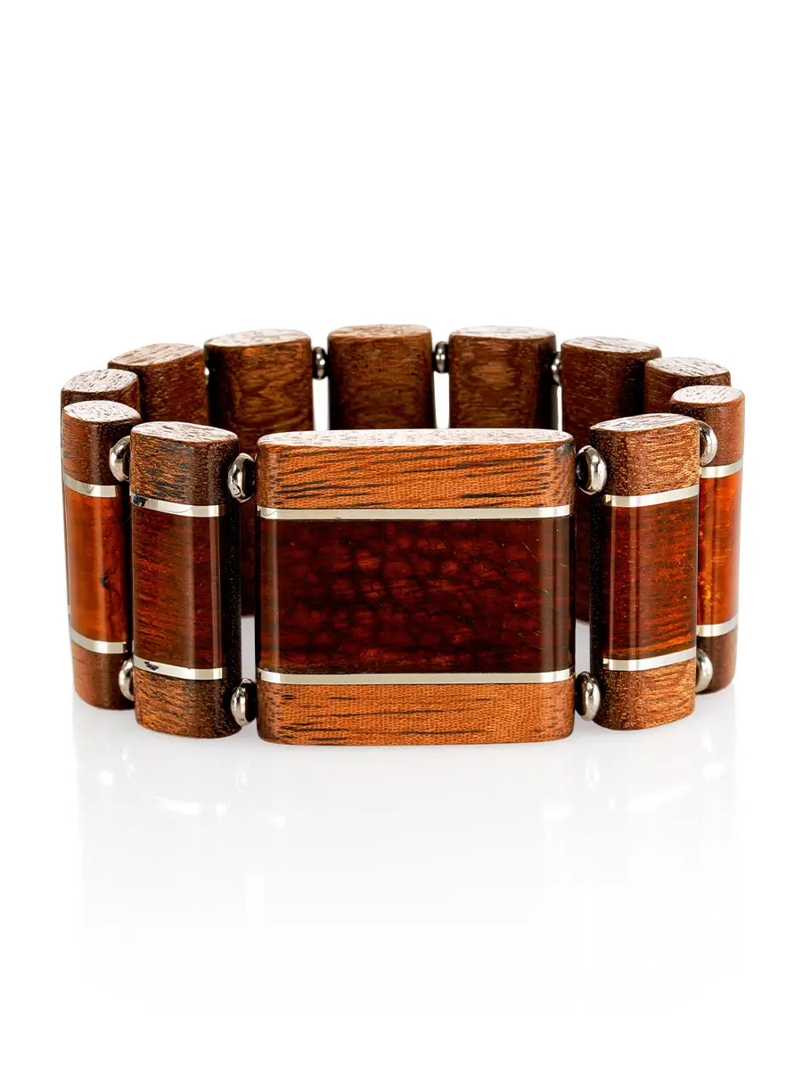 картинка Стильный браслет «Индонезия» из деревянных секций, украшенных янтарём в онлайн магазине