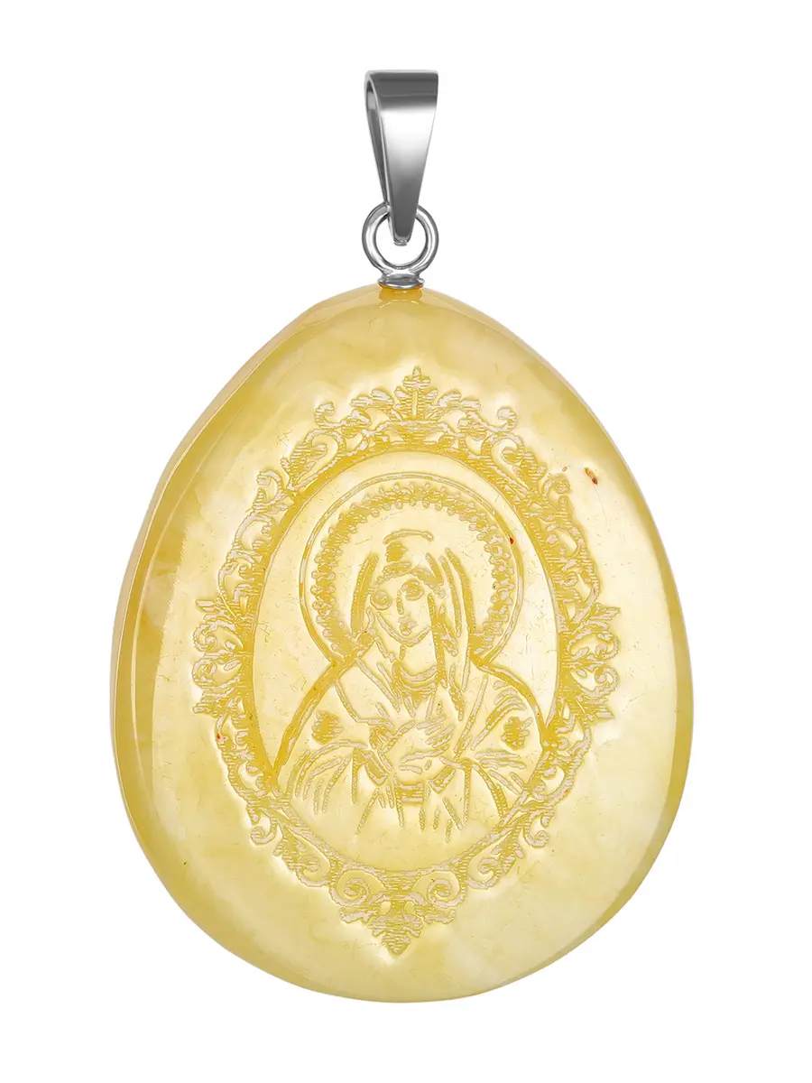 картинка Подвеска-икона из натурального янтаря с резьбой «Богородица. Умиление (Радость всех радостей)» в онлайн магазине