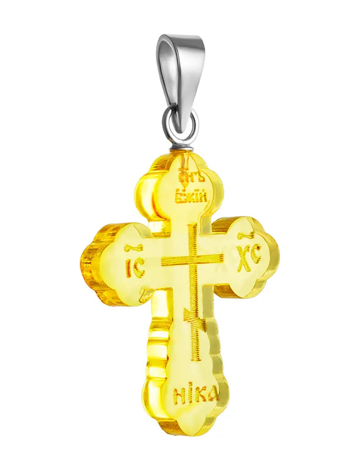 картинка Крест из натурального цельного янтаря лимонного цвета с серебром в онлайн магазине