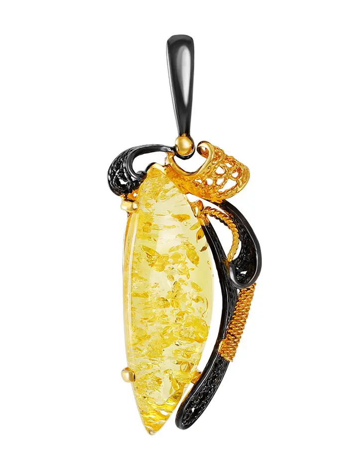 картинка Красивая подвеска из чернёного серебра с натуральным лимонным янтарём «Филигрань» в онлайн магазине