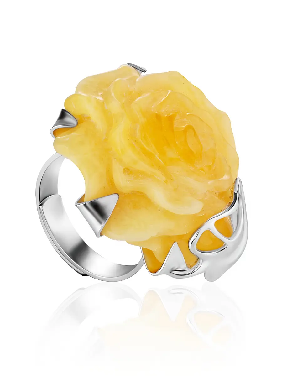 картинка Кольцо из серебра и натурального молочно-медового янтаря «Роза» в онлайн магазине