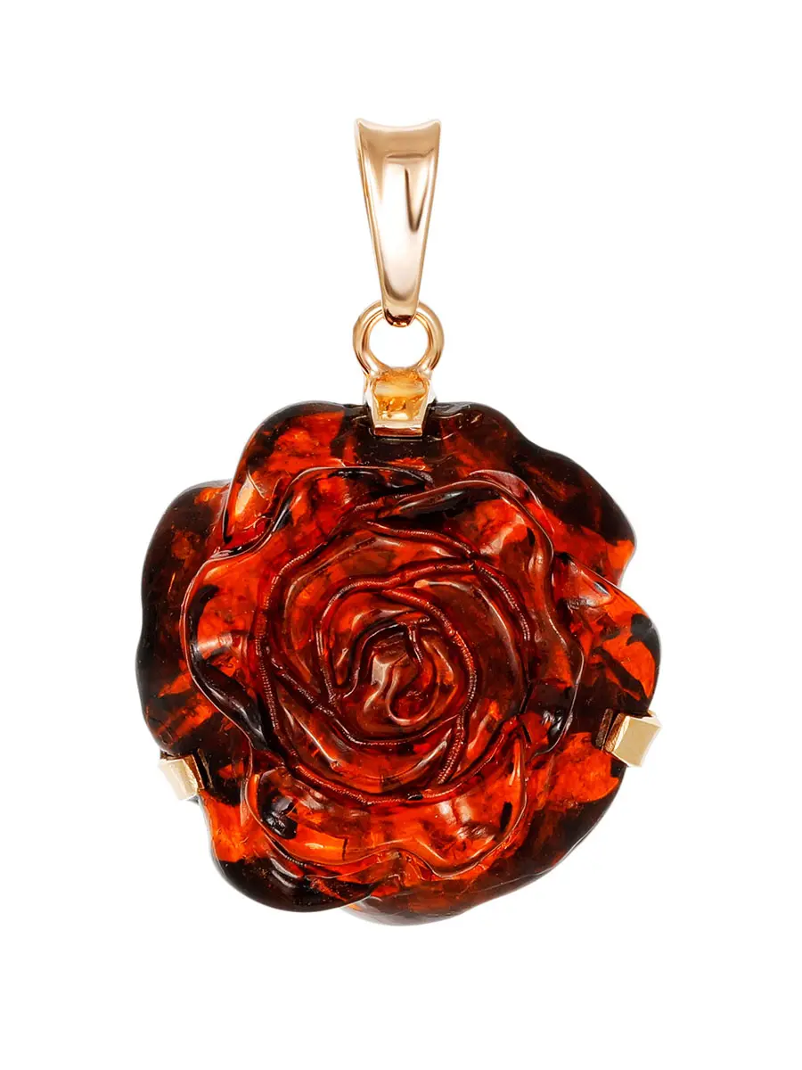 картинка Красивый кулон из натурального янтаря тёмно-коньячного цвета «Роза» в онлайн магазине